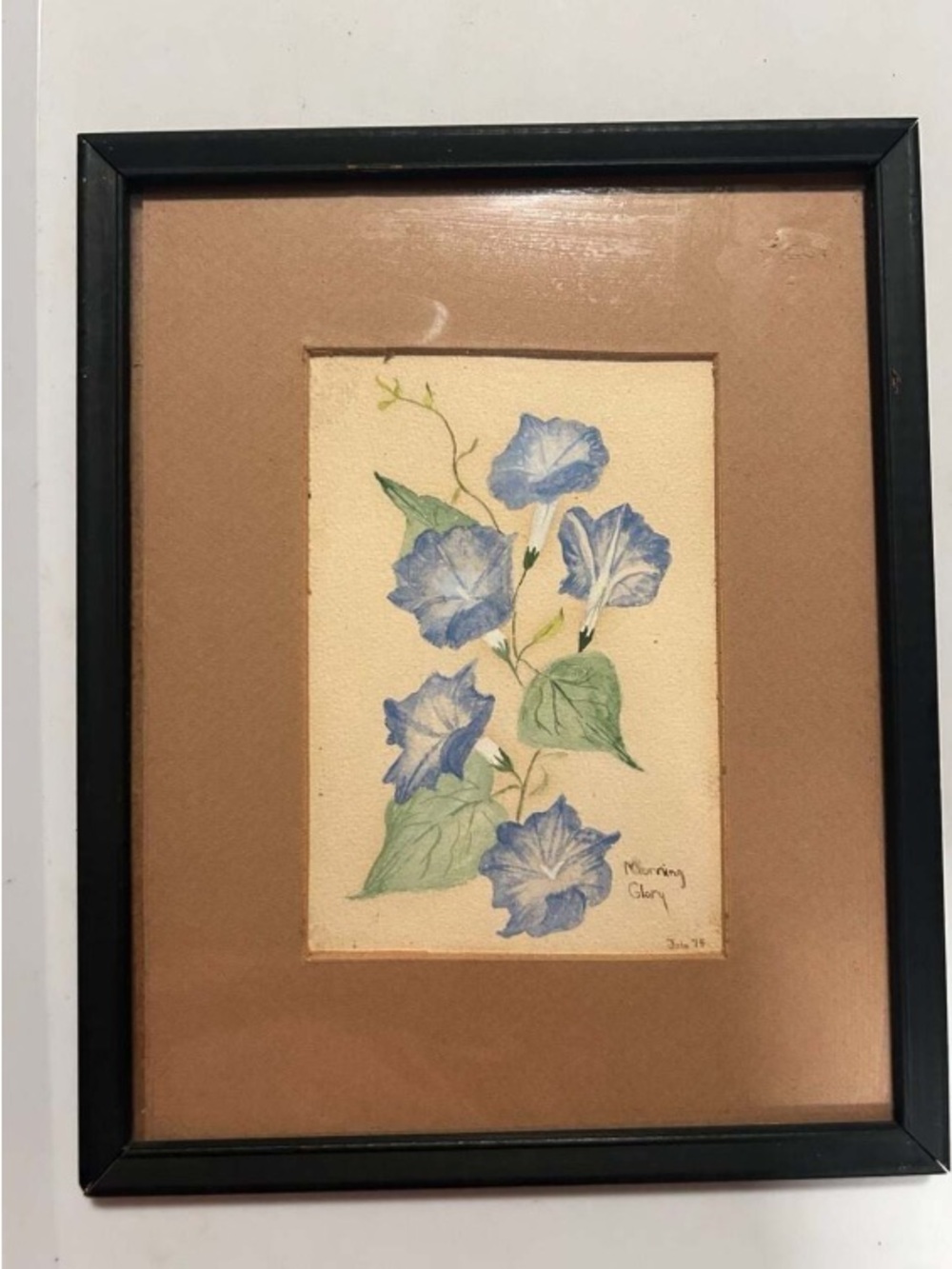 Vintage 1975 Original Morning Glory Watercolor Painting in Framed Matted